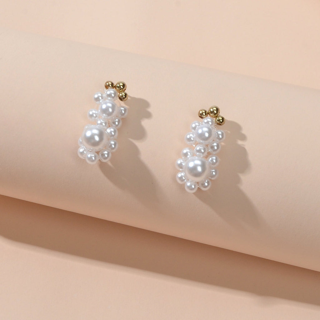 Retro Handmade Braided Pearl Beads Flower Stud Pierced Earring for Wedding Party-1