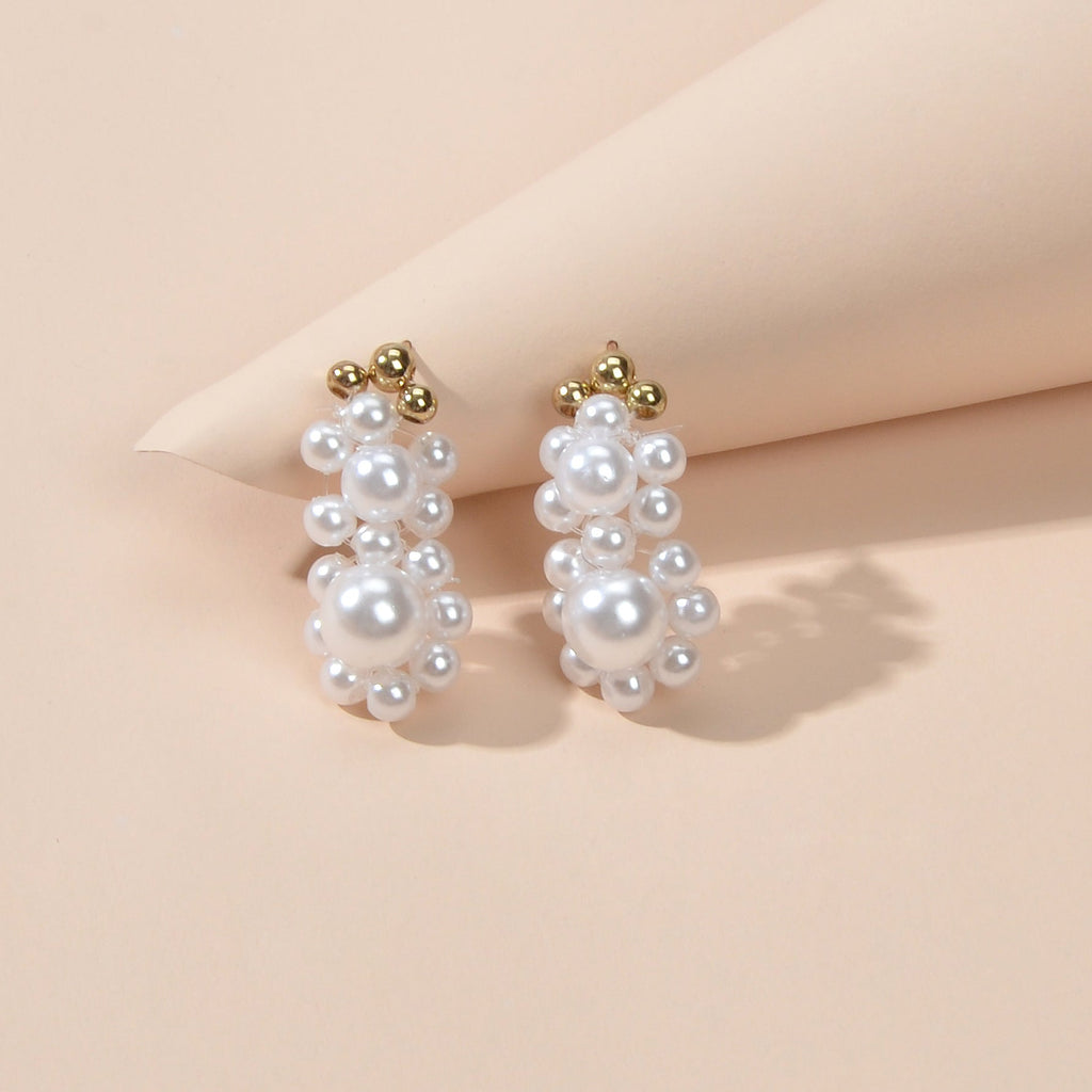 Retro Handmade Braided Pearl Beads Flower Stud Pierced Earring for Wedding Party-3