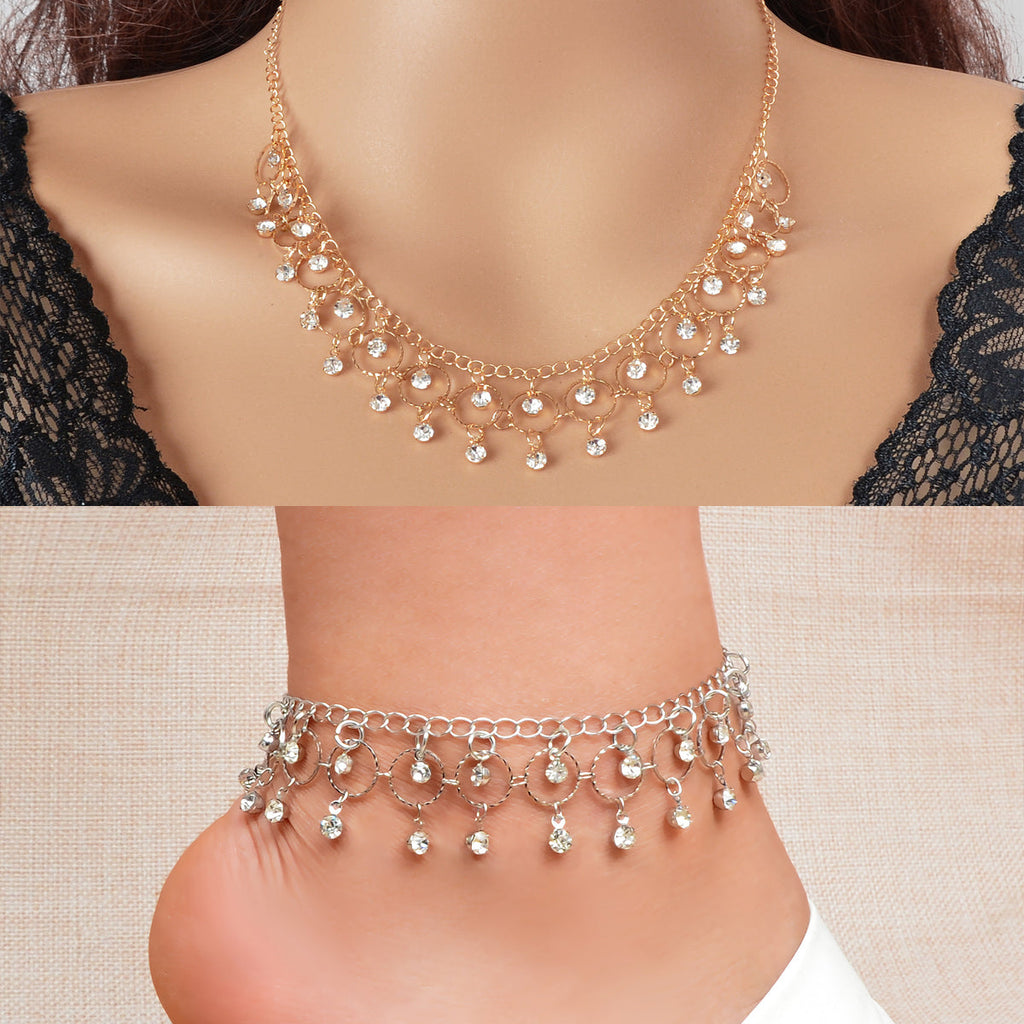 Fashion Jewelry set Rhinestone Decor Golden Chain Necklace and Silvery Chain Anklet-0