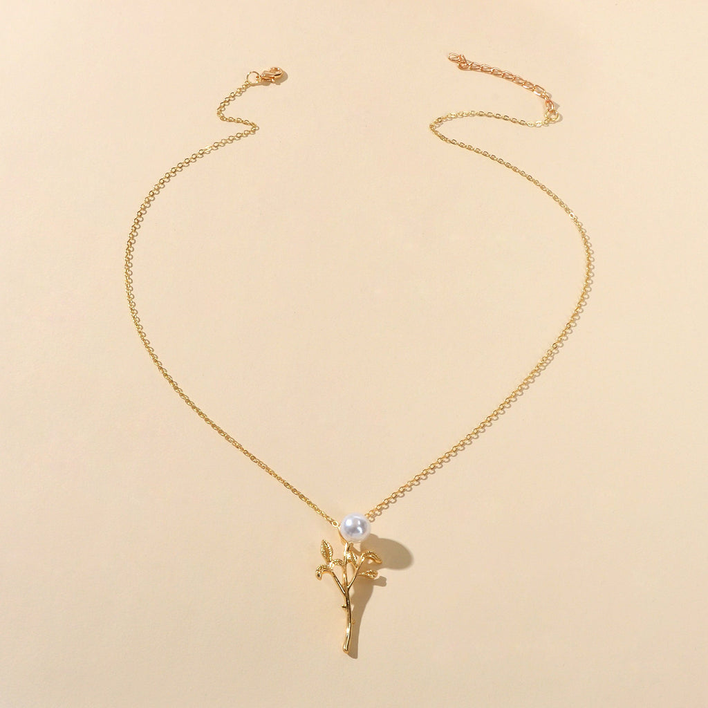 Party Prom Jewelry Golden Chain Imitation Pearl Decor Leaf Branch Pendant Necklace-3