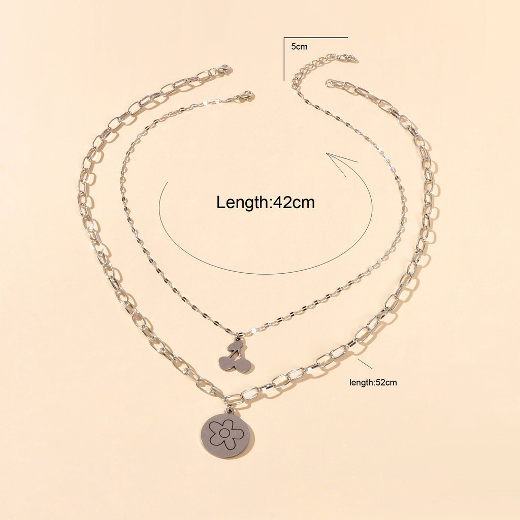 2 pcs Good Quality Jewellery Silver Stainless Steel Cherry Flower Round Necklace-1
