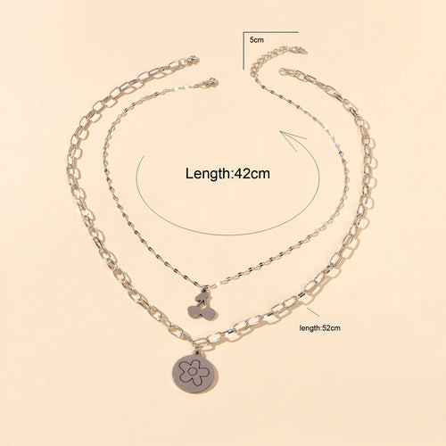 2 pcs Good Quality Jewellery Silver Stainless Steel Cherry Flower Round Necklace-1