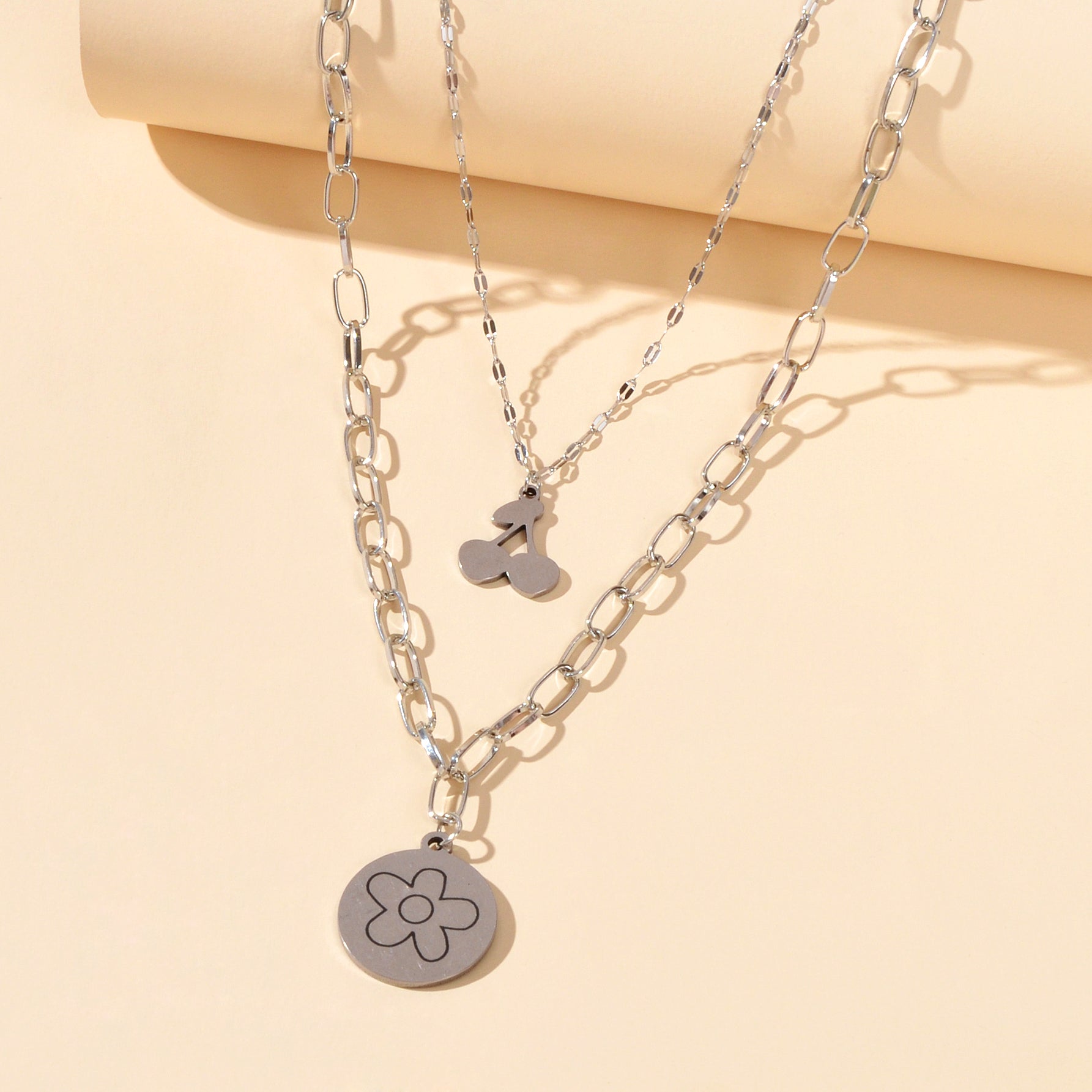 2 pcs Good Quality Jewellery Silver Stainless Steel Cherry Flower Round Necklace-3