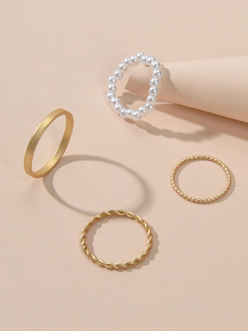 4pcs Boho Chic Stackable Pearl Midi Finger Knuckle Multiple Rings set Bulk Pack-0
