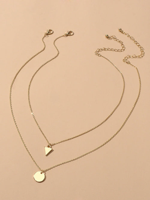 2pcs Minimalist Style Women Accessories Gold Chain Triangle Round Charm Necklace-0