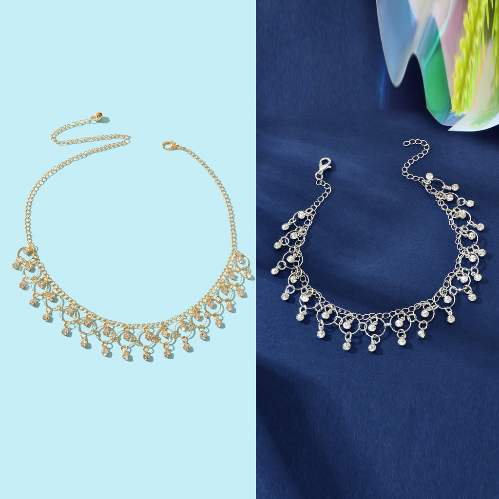 Fashion Jewelry set Rhinestone Decor Golden Chain Necklace and Silvery Chain Anklet-1