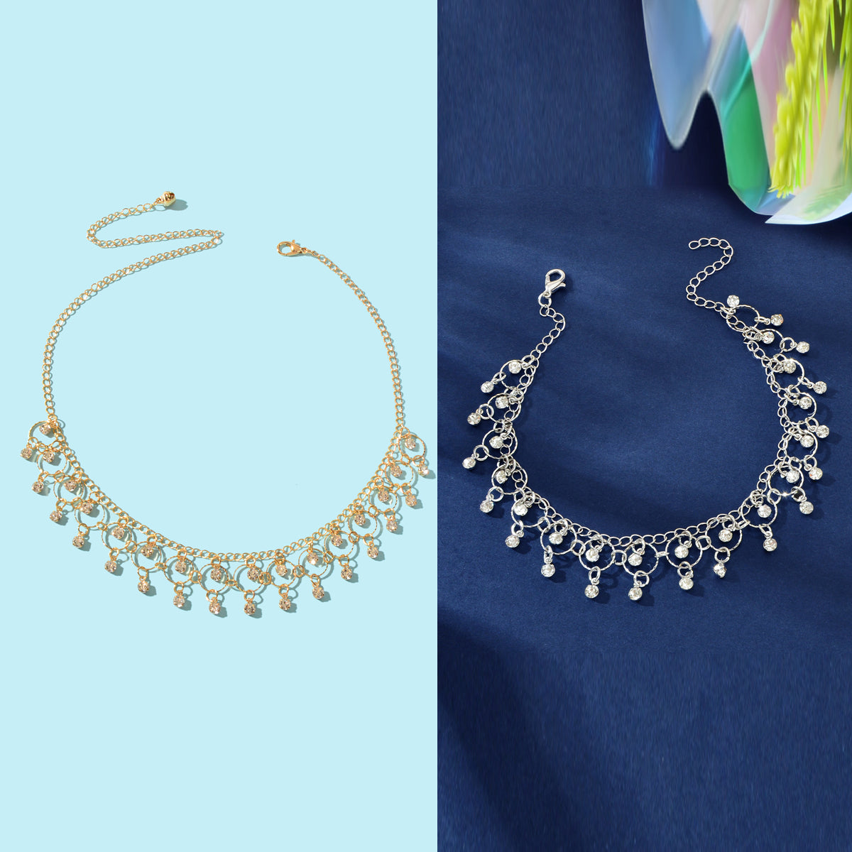 Fashion Jewelry set Rhinestone Decor Golden Chain Necklace and Silvery Chain Anklet-1