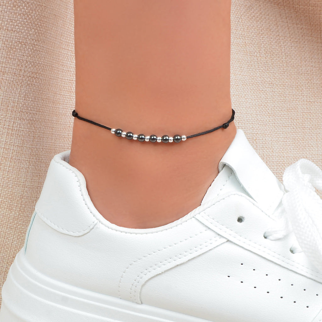 Bohemian Black Rope Adjustable Handmade Silver Beads Anklet Vacation Jewellery-0
