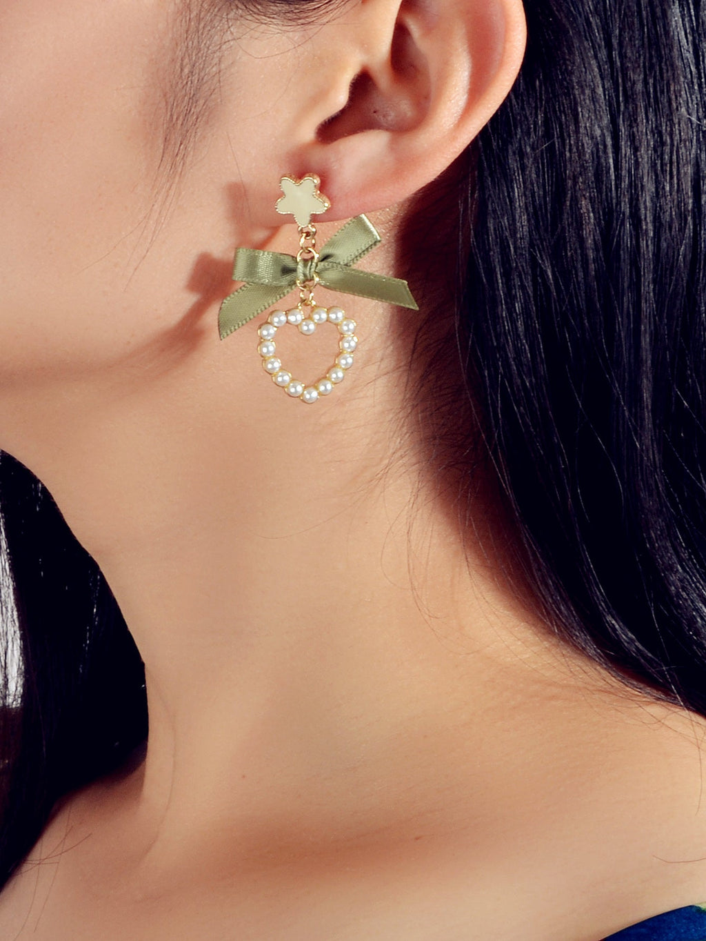 Cute Funny Handmade Enamel Flower Green Bow Pearl Heart Drop Earrings Women Gift-3
