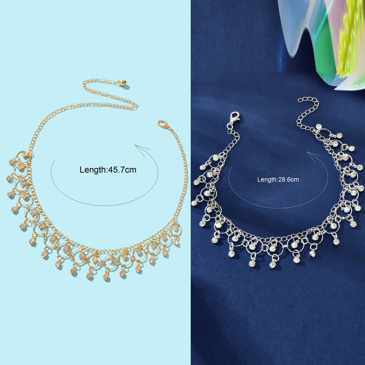 Fashion Jewelry set Rhinestone Decor Golden Chain Necklace and Silvery Chain Anklet-2