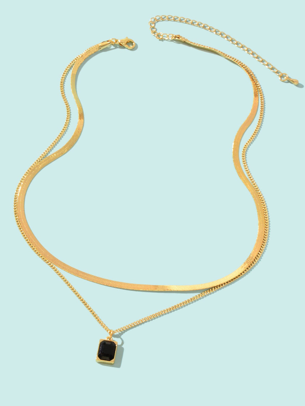 Double layer Gold Multiple Link Snake Chain Black Square Pendant Trendy Necklace-1
