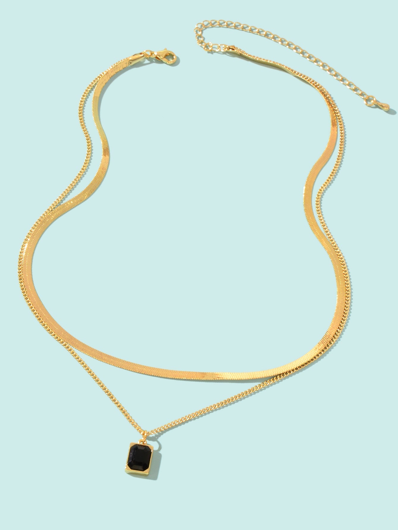 Double layer Gold Multiple Link Snake Chain Black Square Pendant Trendy Necklace-1
