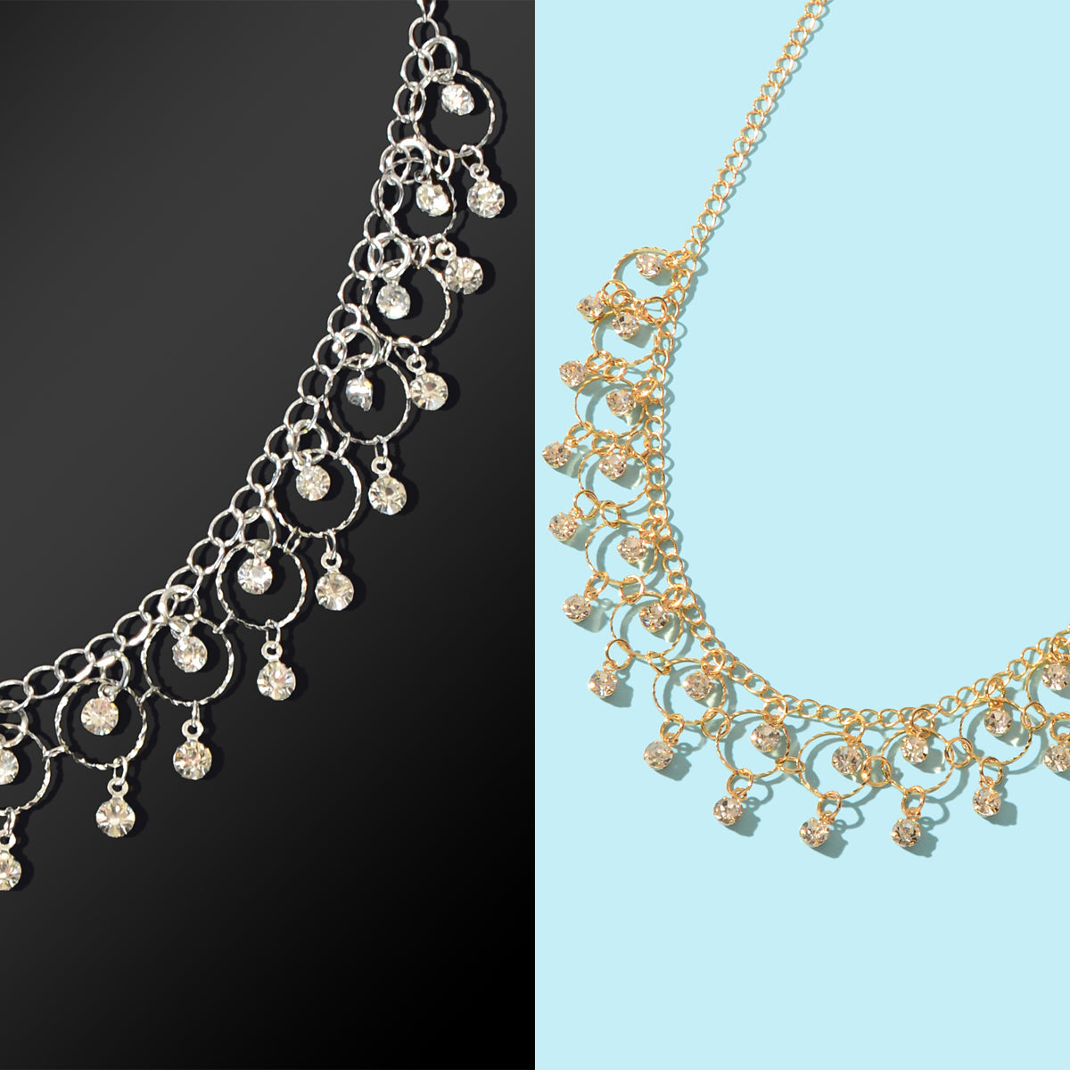Fashion Jewelry set Rhinestone Decor Golden Chain Necklace and Silvery Chain Anklet-3