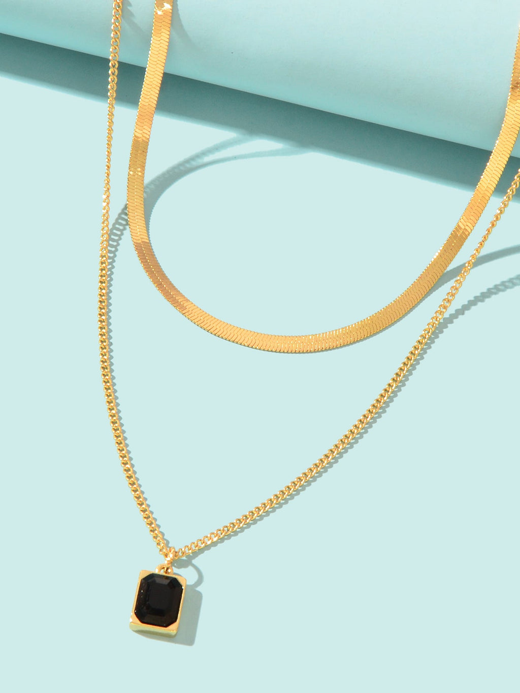 Double layer Gold Multiple Link Snake Chain Black Square Pendant Trendy Necklace-2