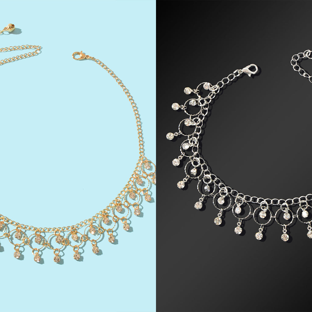 Fashion Jewelry set Rhinestone Decor Golden Chain Necklace and Silvery Chain Anklet-4