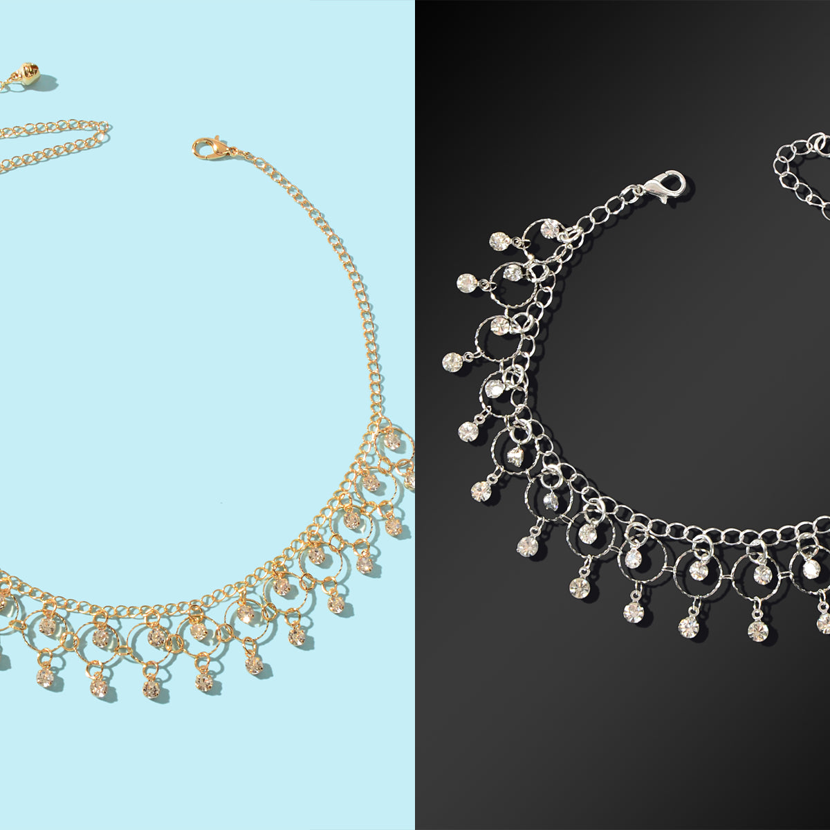 Fashion Jewelry set Rhinestone Decor Golden Chain Necklace and Silvery Chain Anklet-4