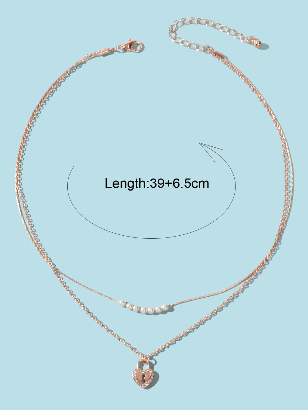 Double Layer Rose Gold Chain String Pearl Heart Lock Pendant Necklace Girlfriend-3