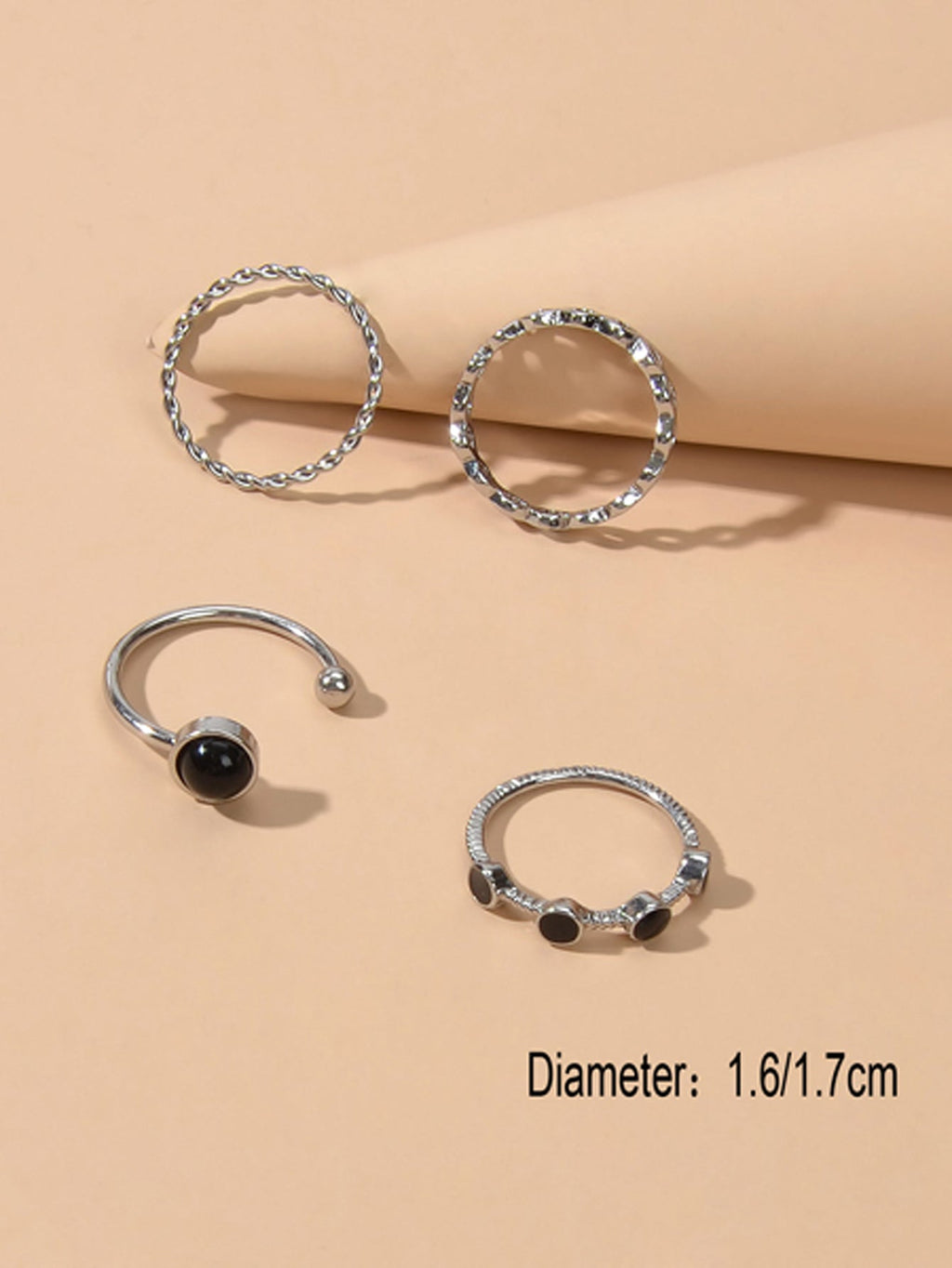 4 pcs Black Enamel Beads Silver Midi Finger Knuckle Multiple Rings set Bulk Pack-3