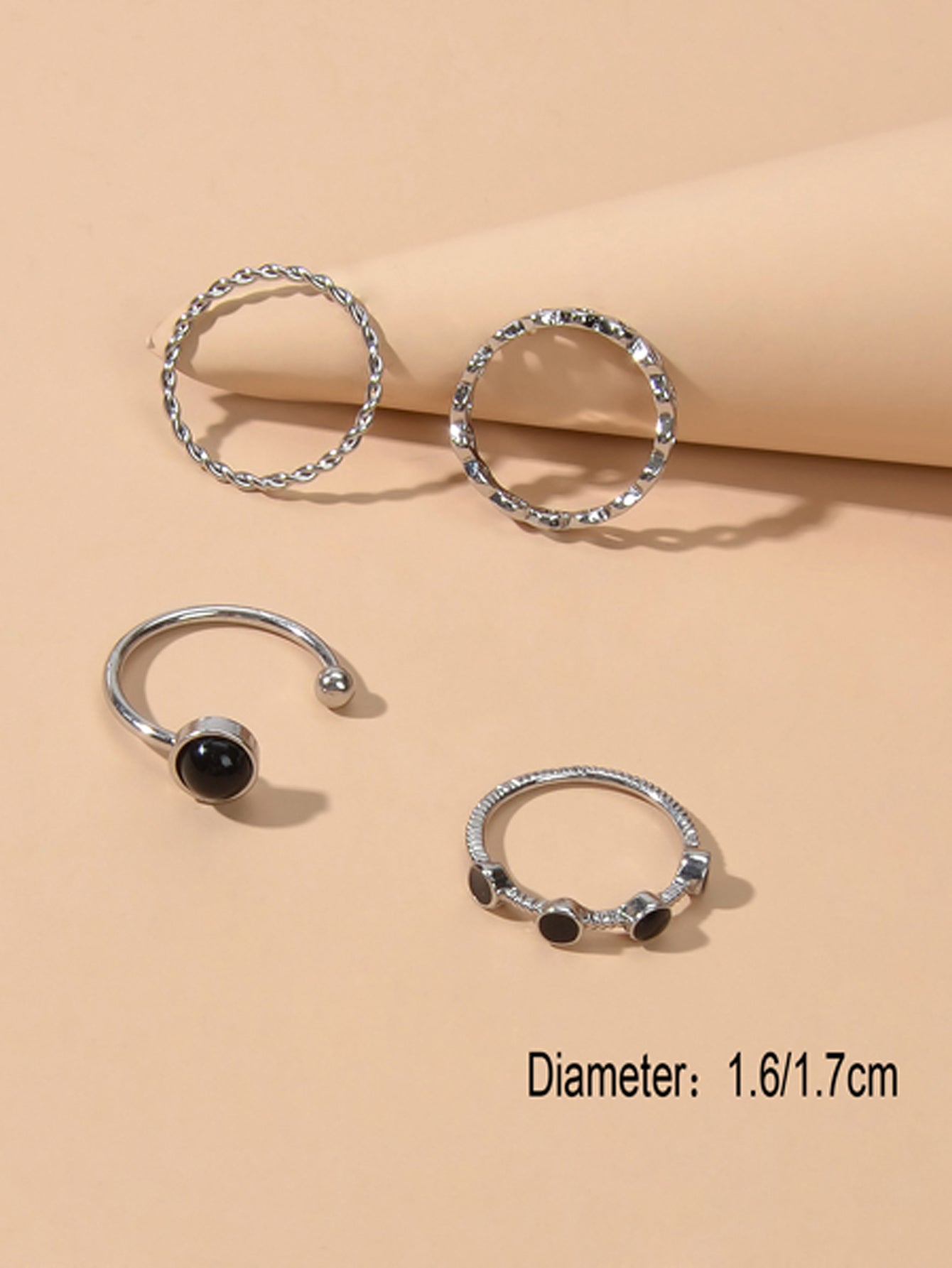 4 pcs Black Enamel Beads Silver Midi Finger Knuckle Multiple Rings set Bulk Pack-3