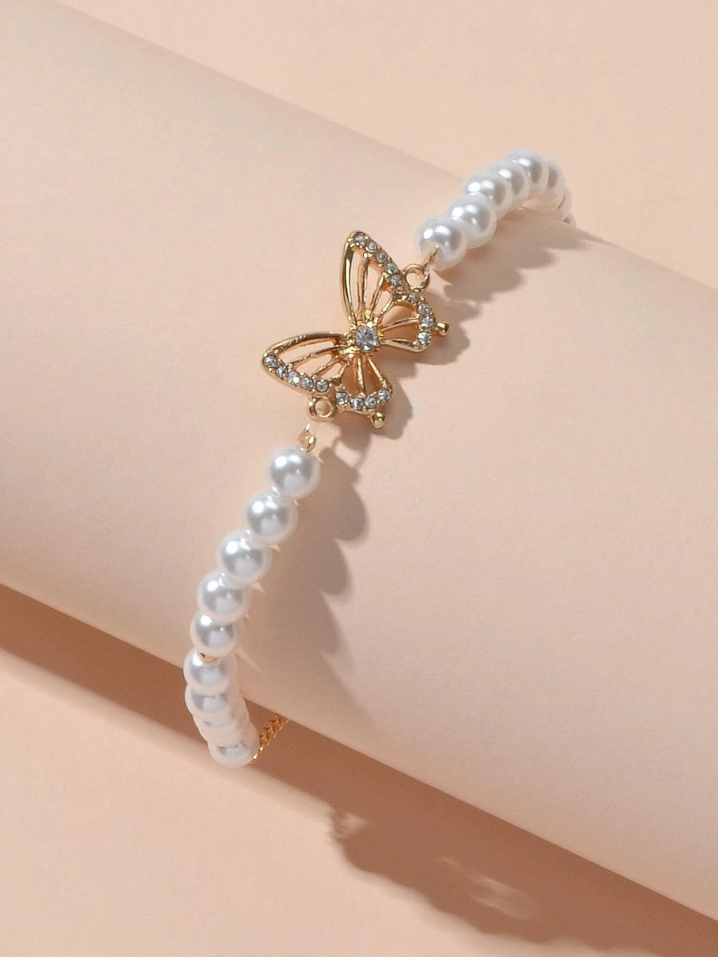 Fashion Jewellery Rhinestone Butterfly Charm Pearl Sliding Adjustable Bracelet-3