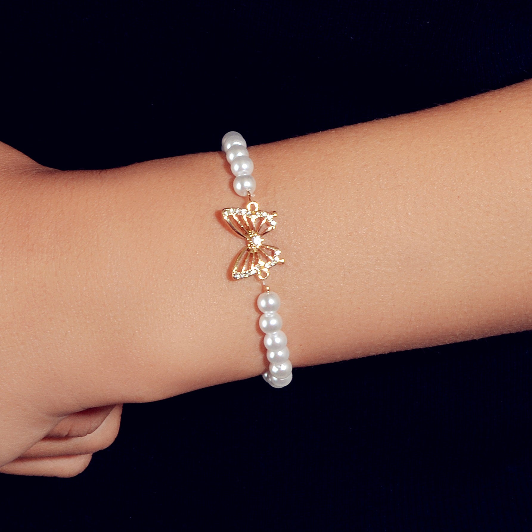 Fashion Jewellery Rhinestone Butterfly Charm Pearl Sliding Adjustable Bracelet-4
