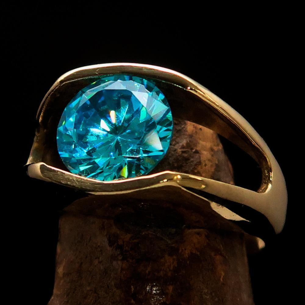 Smoothly crafted Men's Brass Solitaire Ring Blue Cubic Zirconia CZ-0