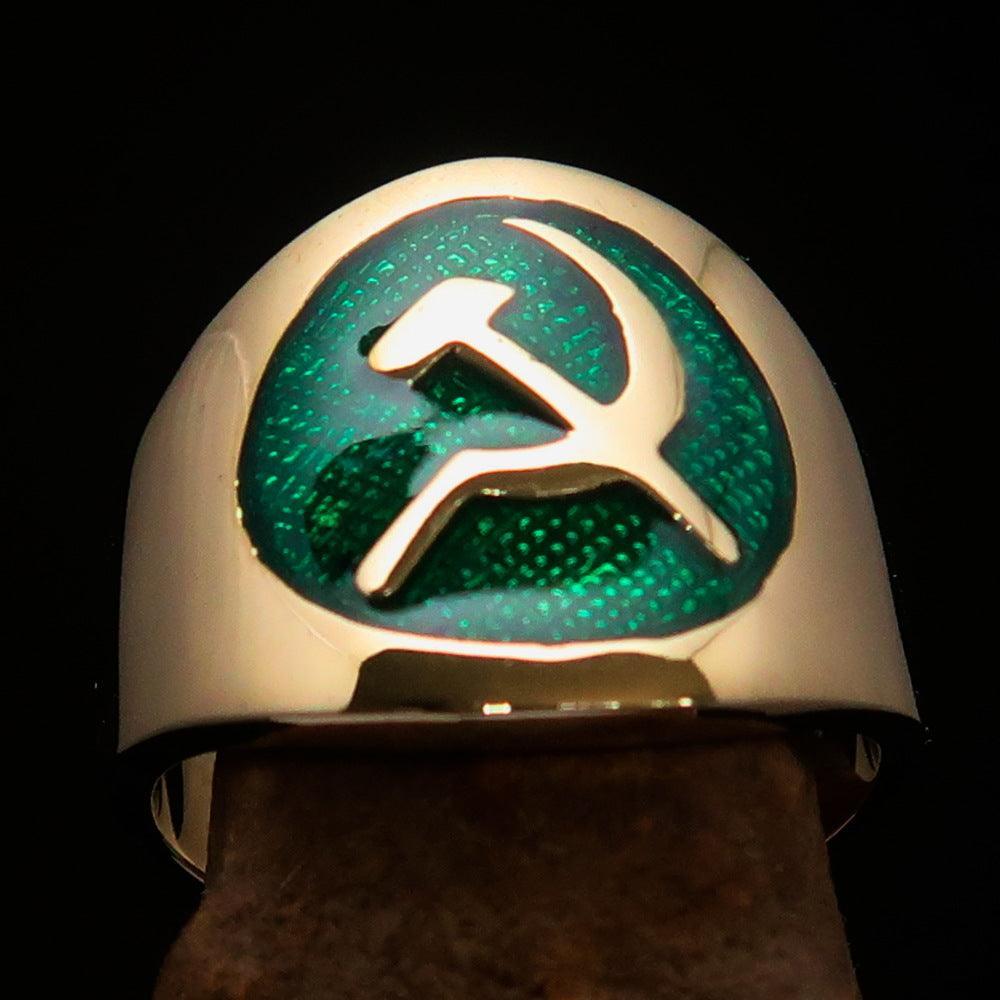 Excellent crafted Men's green Hammer and Sickle Crest Ring - Solid Brass