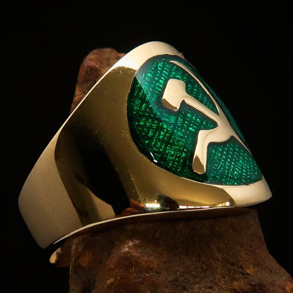 Excellent crafted Men's green Hammer and Sickle Crest Ring - Solid Brass