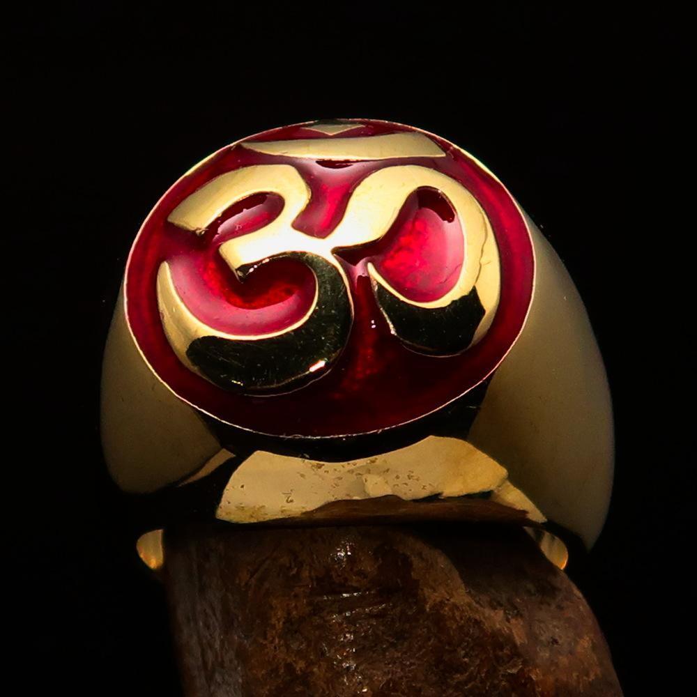 Nicely crafted domed Men's Buddhist Ring Red Aum Symbol - Solid Brass