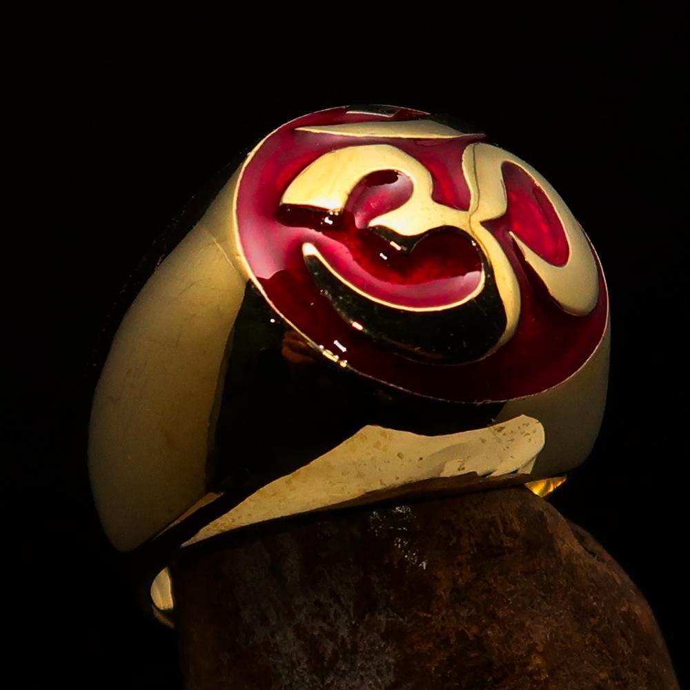 Nicely crafted domed Men's Buddhist Ring Red Aum Symbol - Solid Brass