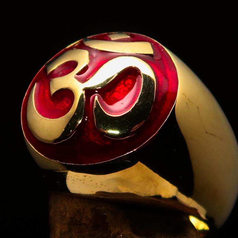 Nicely crafted domed Men's Buddhist Ring Red Aum Symbol - Solid Brass