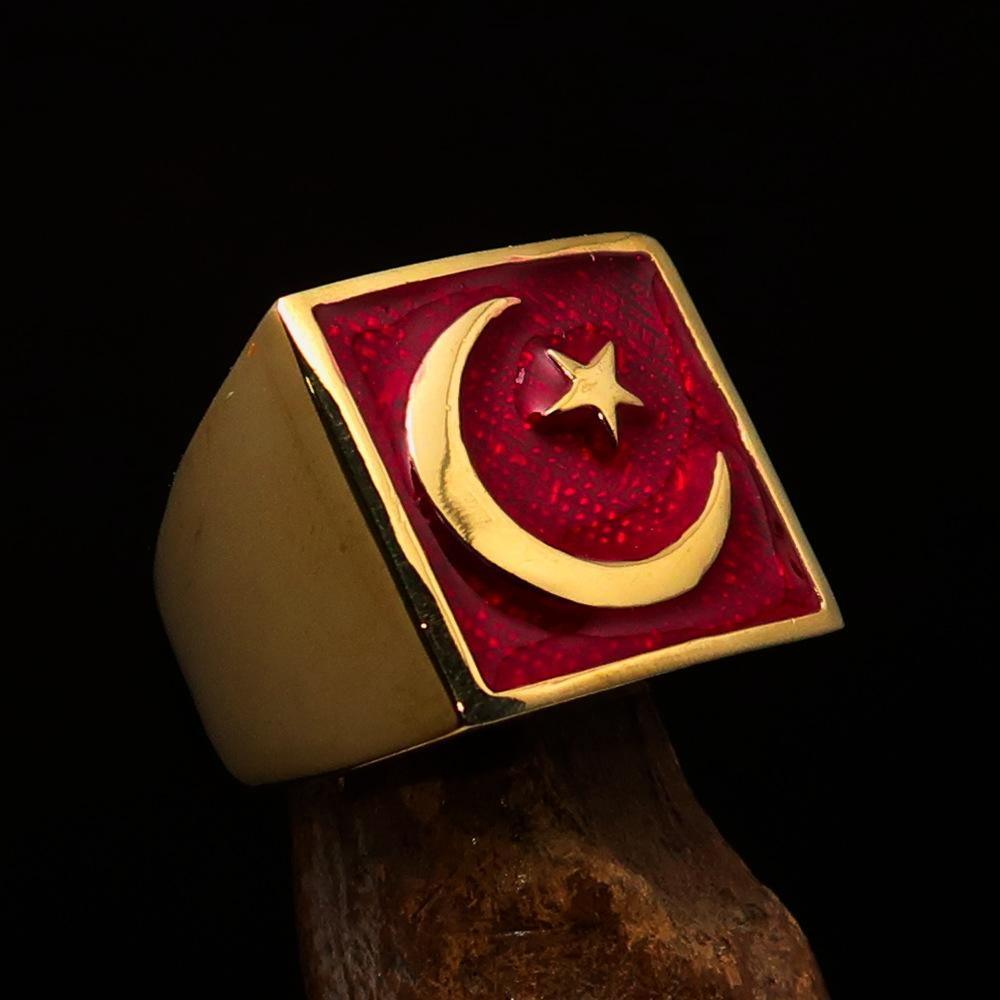Perfectly crafted Men's Ring Crescent Moon and Star Red - Solid Brass-2