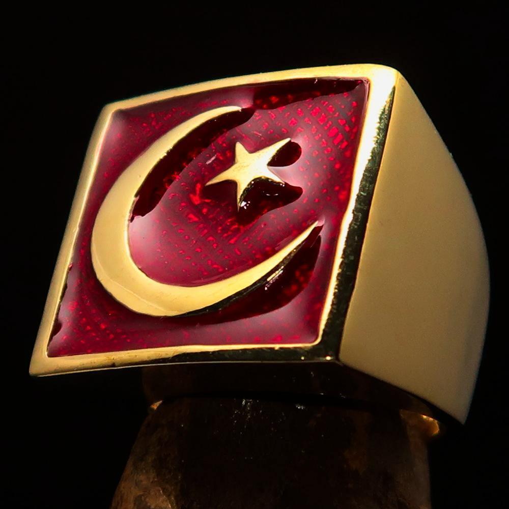 Perfectly crafted Men's Ring Crescent Moon and Star Red - Solid Brass-0