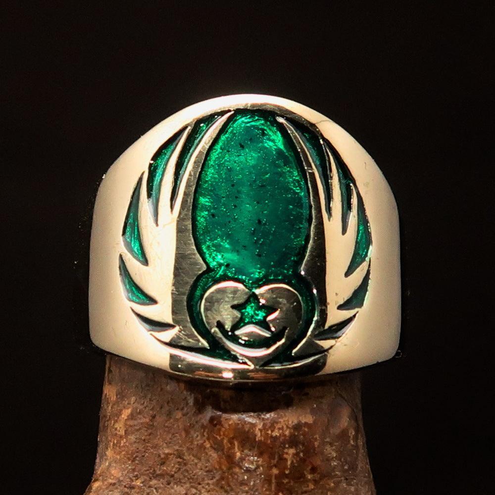 Nicely crafted Men's Claddagh Pinky Ring green winged heart Star Moon - solid Brass-1