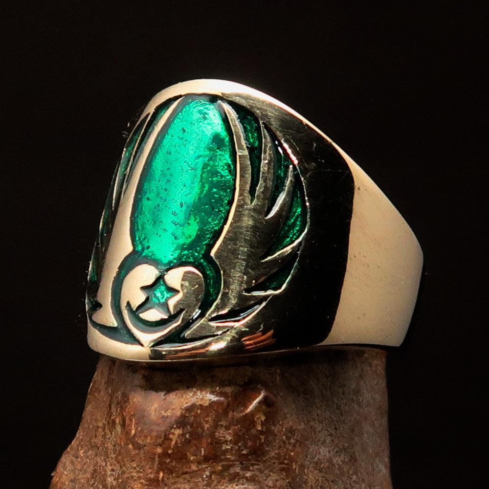 Nicely crafted Men's Claddagh Pinky Ring green winged heart Star Moon - solid Brass-4