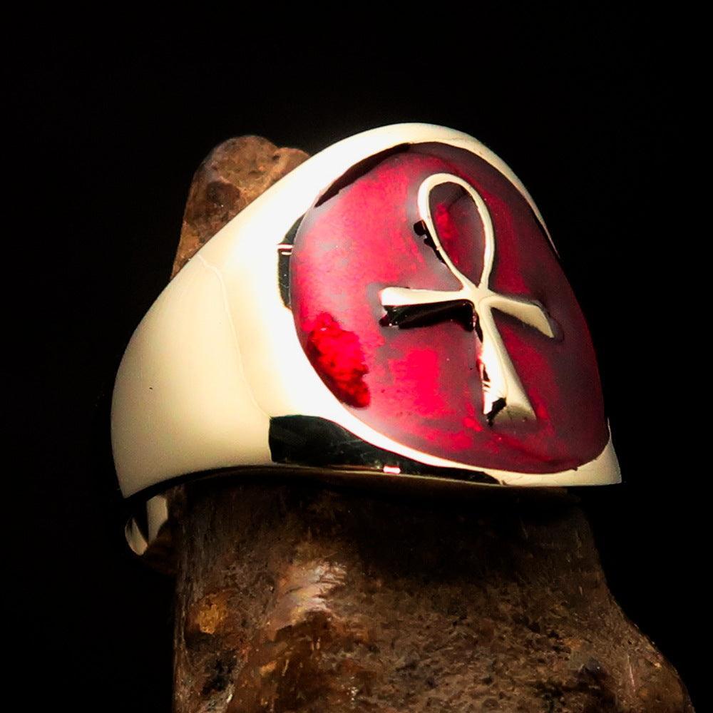Well made Men's small red Egyptian Ankh Cross Pinky Ring - solid Brass