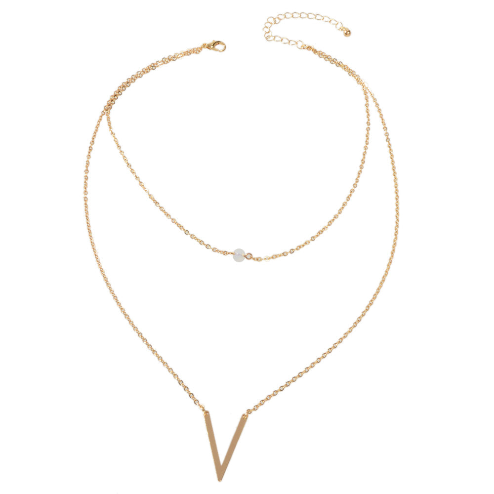 Double layer Gold Chain Letter V Shape Geometric Pendant Necklace Jewellery Gift-4