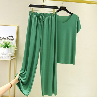 Ice Silk Short-sleeved Trousers Home Suit V-neck T-shirt Set Women's Summer Thin Casual Outwear Solid Color Pajamas Two-piece Set