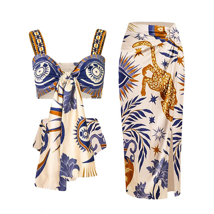 2024 European and American New Bikini Shoulder Ruffled Ethnic Style Printed Split Swimsuit 2328