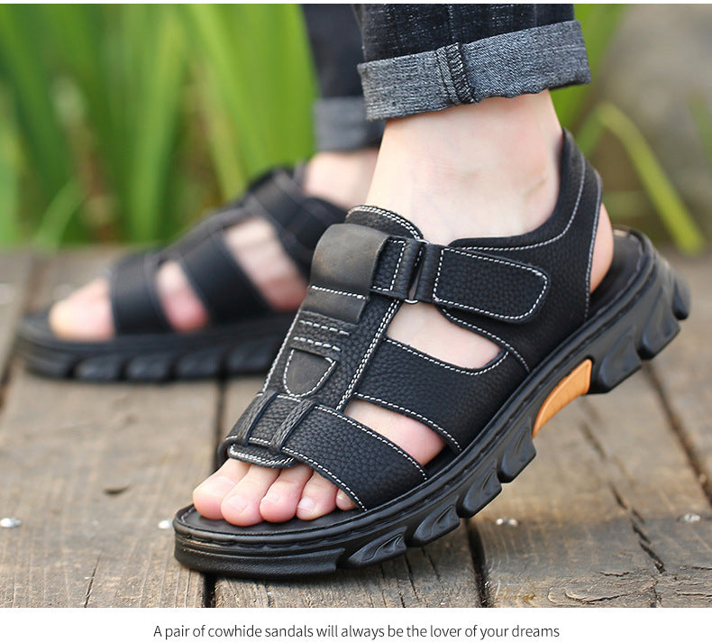 Sandals Men's New Men's Beach Shoes Cowhide Sandals Outdoor Shoes Non-Slip Thick-Soled Roman Leather Sandals for Men