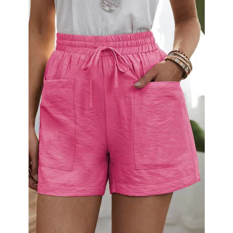 European and American Cross-Border Wish Summer Women's Popular Linen Texture Casual Shorts with Pockets, Solid Color, Plus Size, High-Waisted Wide-Leg Pants