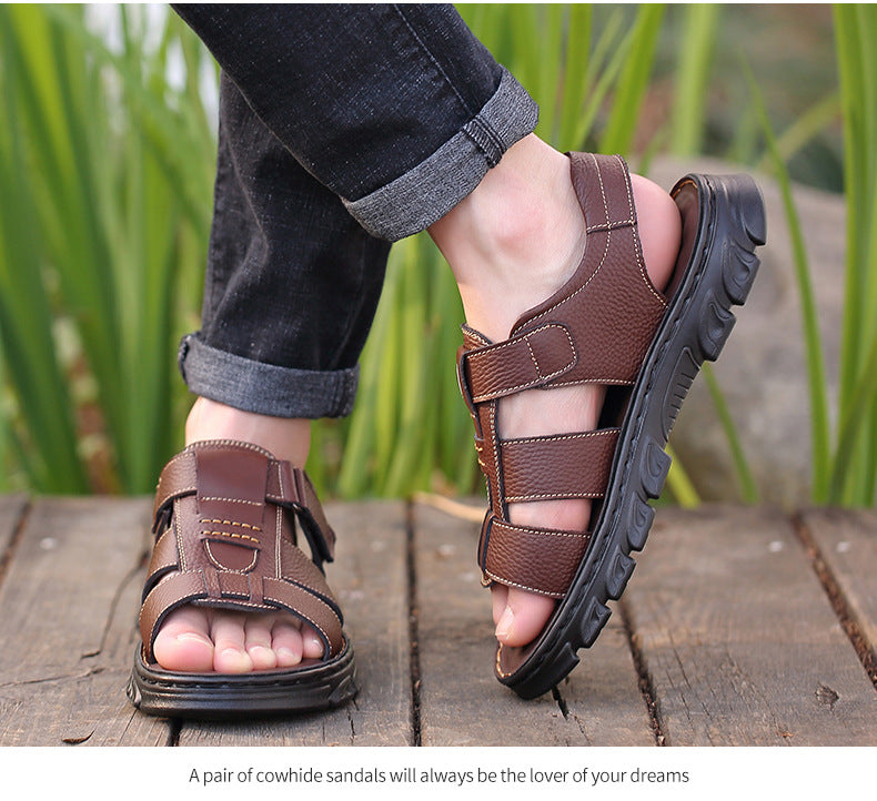 Sandals Men's New Men's Beach Shoes Cowhide Sandals Outdoor Shoes Non-Slip Thick-Soled Roman Leather Sandals for Men