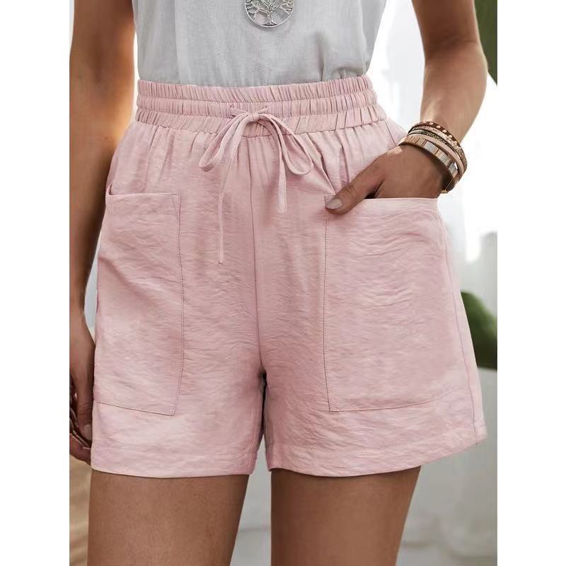 European and American Cross-Border Wish Summer Women's Popular Linen Texture Casual Shorts with Pockets, Solid Color, Plus Size, High-Waisted Wide-Leg Pants