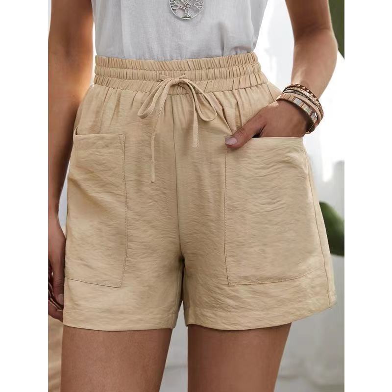 European and American Cross-Border Wish Summer Women's Popular Linen Texture Casual Shorts with Pockets, Solid Color, Plus Size, High-Waisted Wide-Leg Pants