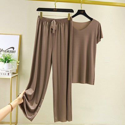 Ice Silk Short-sleeved Trousers Home Suit V-neck T-shirt Set Women's Summer Thin Casual Outwear Solid Color Pajamas Two-piece Set