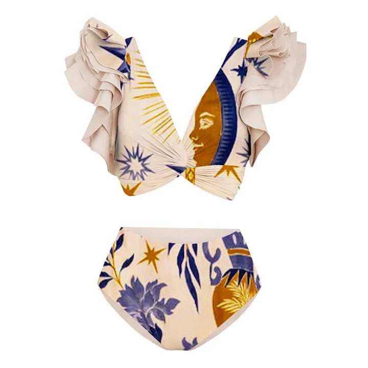 2024 European and American New Bikini Shoulder Ruffled Ethnic Style Printed Split Swimsuit 2328
