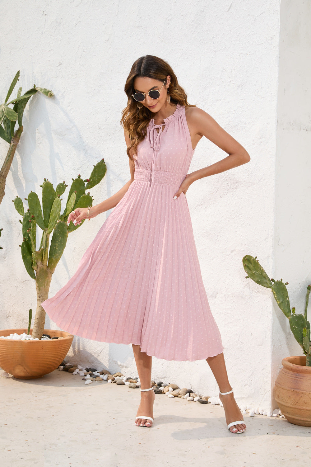 Amazon Cross-Border Lace-Up High-Waist Pleated Fur Ball Dress Sleeveless Summer Dress Casual Vacation Travel Dress