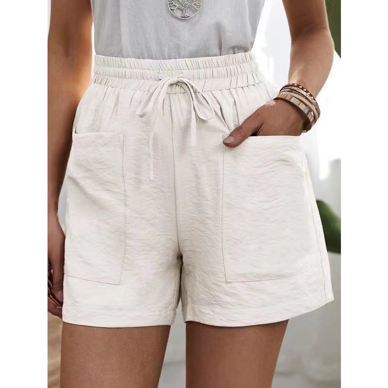 European and American Cross-Border Wish Summer Women's Popular Linen Texture Casual Shorts with Pockets, Solid Color, Plus Size, High-Waisted Wide-Leg Pants