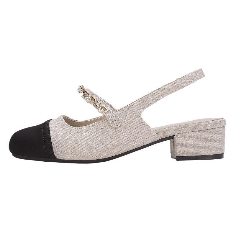 Cross-Border Women's Shoes 2024 Summer New Style Small Fragrant Square Toe Color Matching Thick Heel Back Empty Sandals Women's Retro Mary Jane