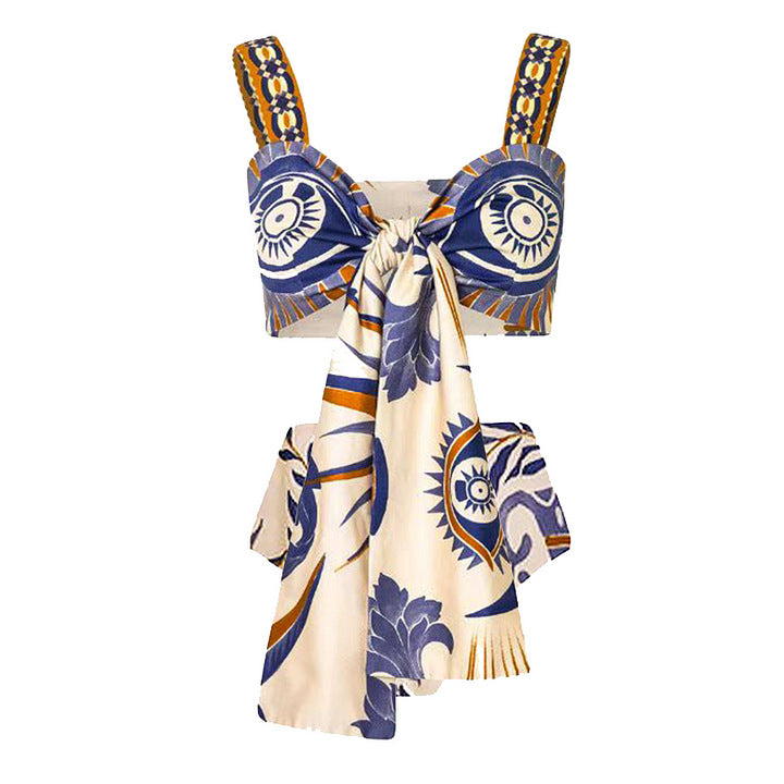 2024 European and American New Bikini Shoulder Ruffled Ethnic Style Printed Split Swimsuit 2328